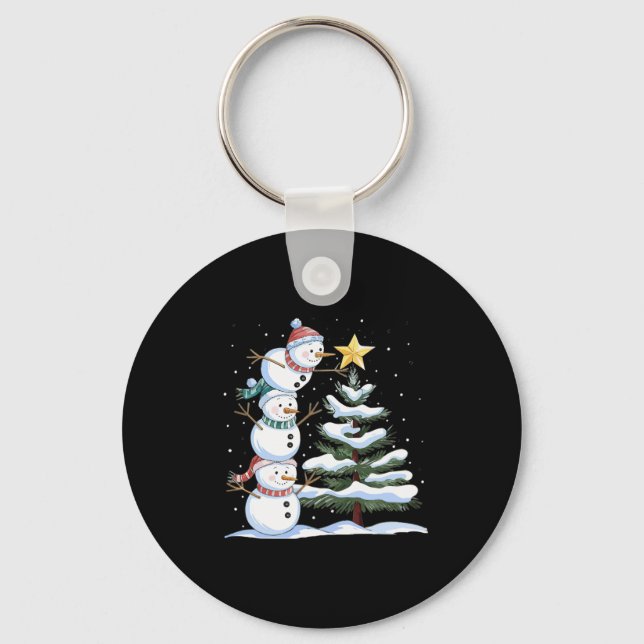 Three Snowmen Are Arranging A Christmas Tree Cute  Key Ring (Front)
