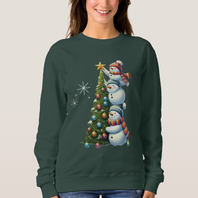 Three Snowmen Christmas Tree Cute Winter Scene Sweatshirt (Front)