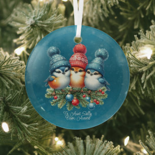 Three Songbirds In Red Blue Hats Glass Tree Decoration