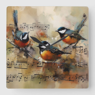 Three Songbirds on Sheet Music Watercolor Painting Square Wall Clock