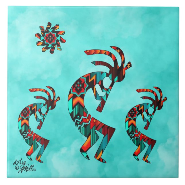 Three Southwest Kokopelli Ceramic Tile (Front)