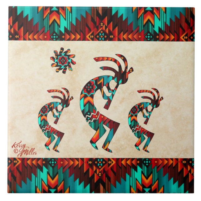 Three Southwest Kokopelli Ceramic Tile (Front)