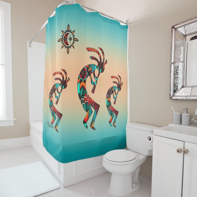 Three Southwest Kokopelli Shower Curtain (In Situ)