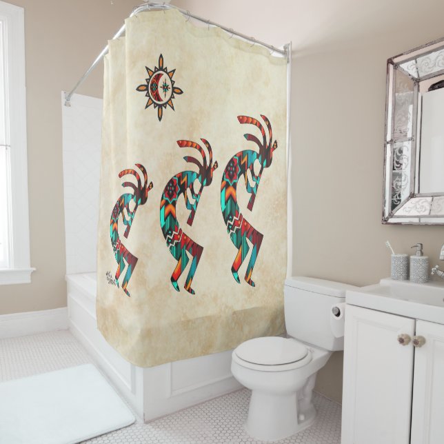 Three Southwest Kokopelli Shower Curtain (In Situ)