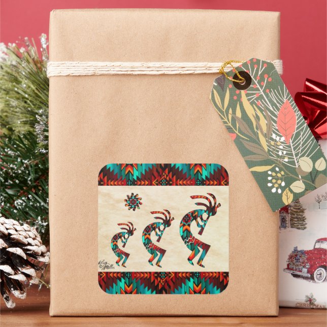 Three Southwest Kokopelli Square Sticker (Holiday)