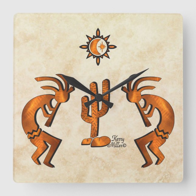 Three Southwest Kokopelli  Square Wall Clock (Front)