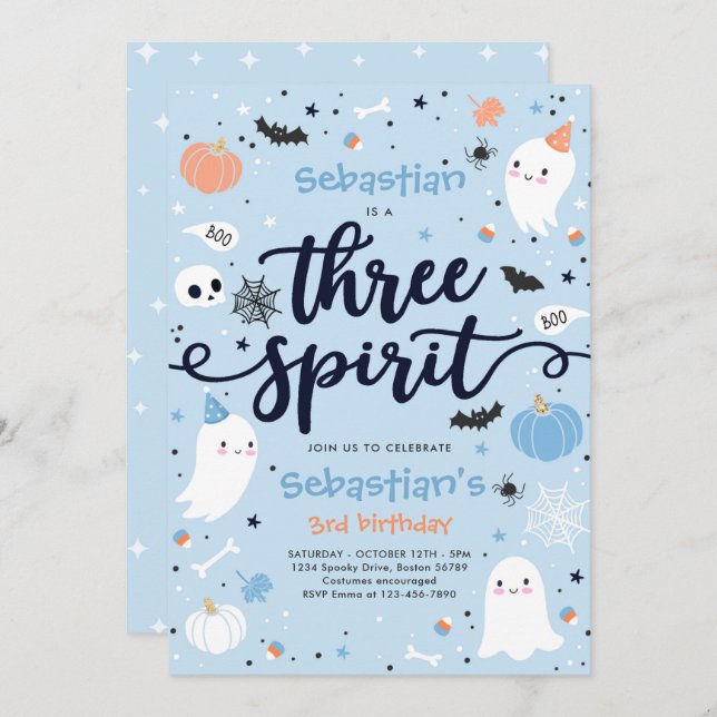 Three Spirit Cute Halloween Ghost 3rd Birthday Invitation (Front/Back)