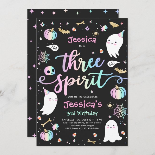 Three Spirit Cute Halloween Ghost 3rd Birthday Invitation (Front/Back)