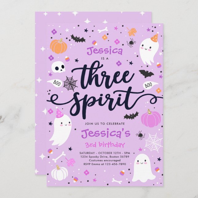 Three Spirit Cute Halloween Ghost 3rd Birthday Invitation (Front/Back)