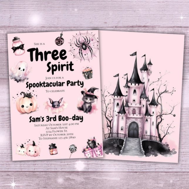 Three Spirit Girl Cute Pink Halloween 3rd Birthday Invitation (Creator Uploaded)