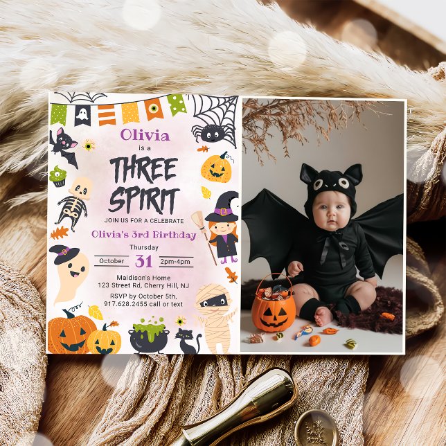 Three Spirit Halloween Cute Ghost Birthday Photo  Invitation (Creator Uploaded)