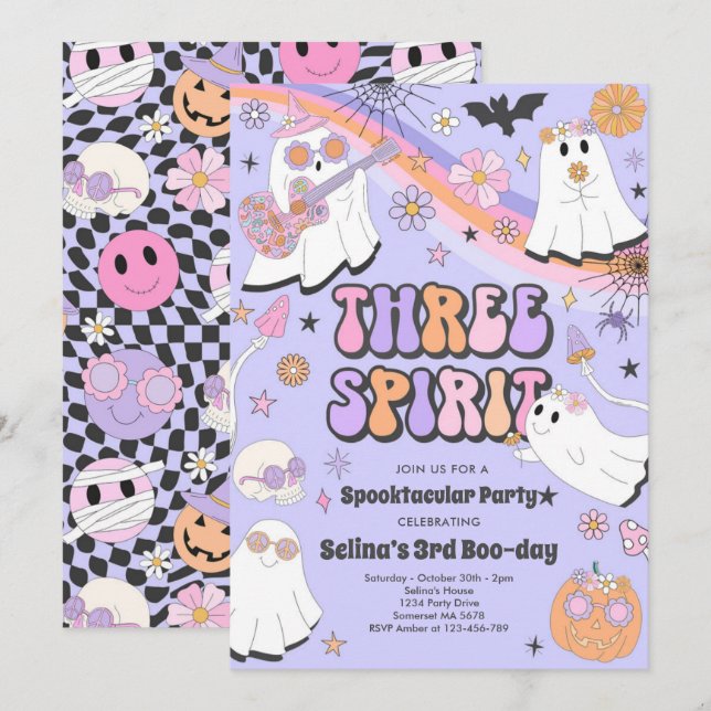 Three Spirit Halloween Groovy Ghost 3rd Birthday Invitation (Front/Back)