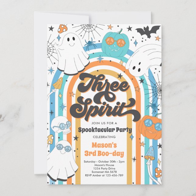 Three Spirit Halloween Groovy Ghost 3rd Birthday Invitation (Front)