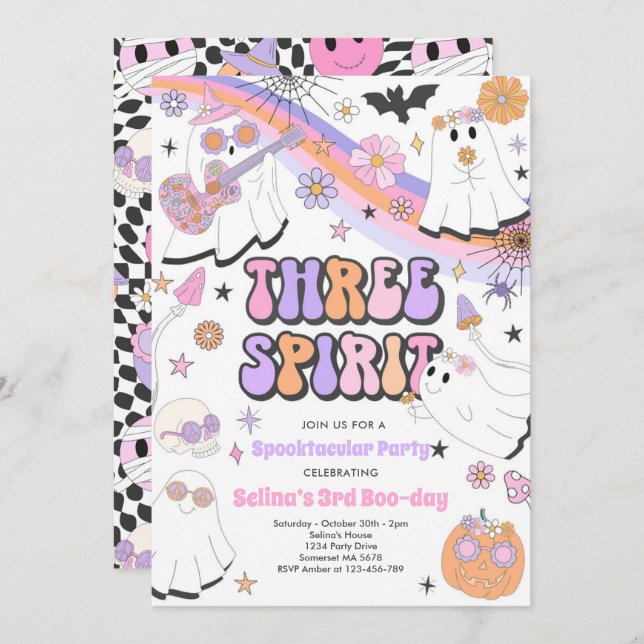 Three Spirit Halloween Groovy Ghost 3rd Birthday Invitation (Front/Back)