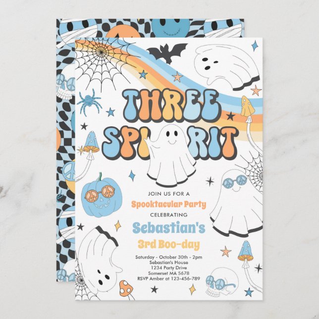 Three Spirit Halloween Groovy Ghost 3rd Birthday Invitation (Front/Back)