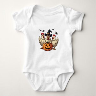 Three Spooky Halloween Chickens Farmer Fall Witch Baby Bodysuit