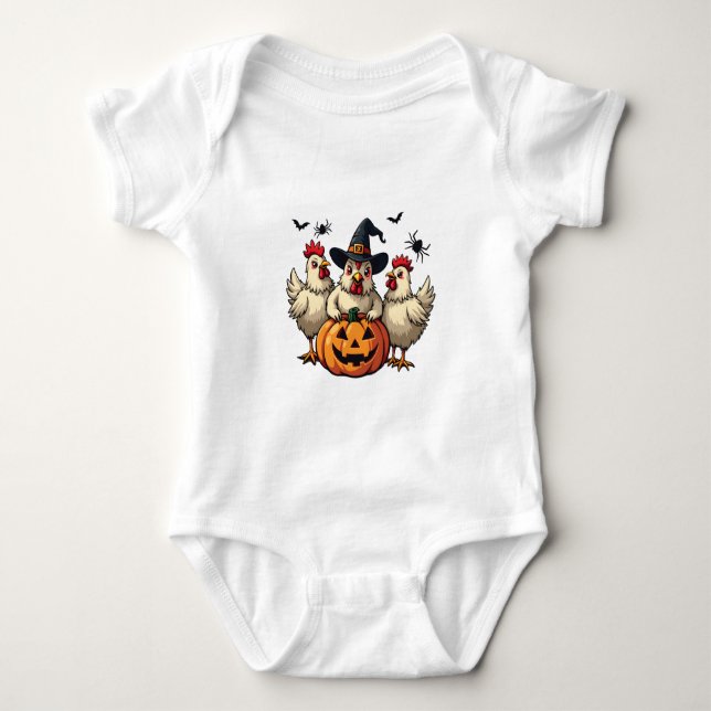 Three Spooky Halloween Chickens Farmer Fall Witch Baby Bodysuit (Front)