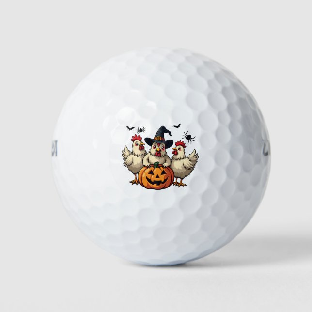 Three Spooky Halloween Chickens Farmer Fall Witch Golf Balls (Front)