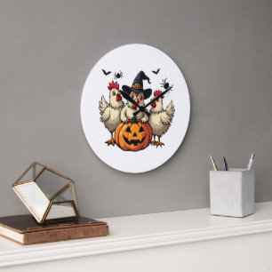 Three Spooky Halloween Chickens Farmer Fall Witch Large Clock