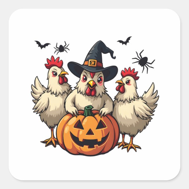 Three Spooky Halloween Chickens Farmer Fall Witch Square Sticker (Front)
