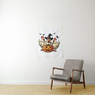 Three Spooky Halloween Chickens Farmer Fall Witch Tapestry
