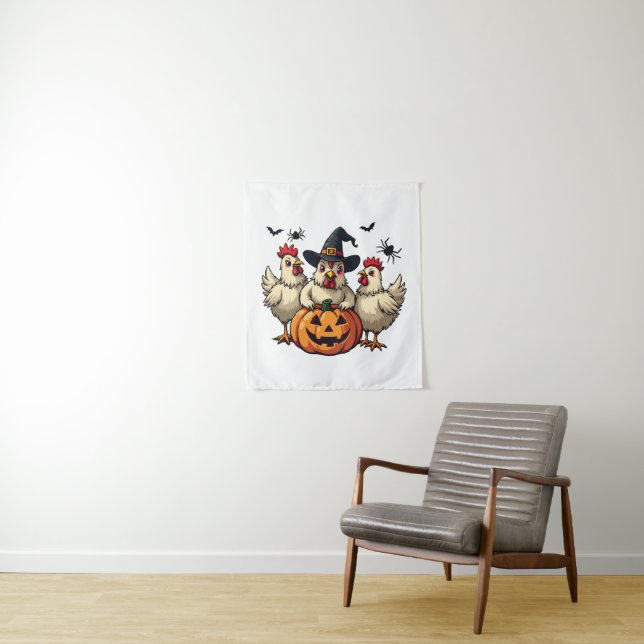 Three Spooky Halloween Chickens Farmer Fall Witch Tapestry (In Situ)
