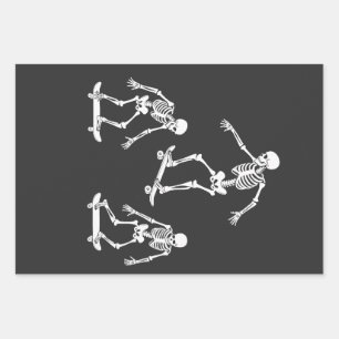 Three Spooky Skating Skeleton Halloween Skateboard Wrapping Paper Sheet