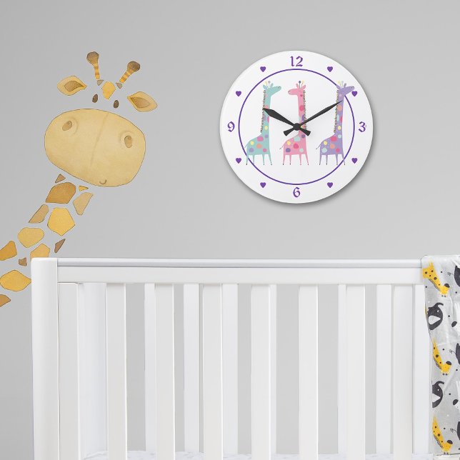 Three Spotted Giraffes Purple Heart Kids Large Clock (Creator Uploaded)