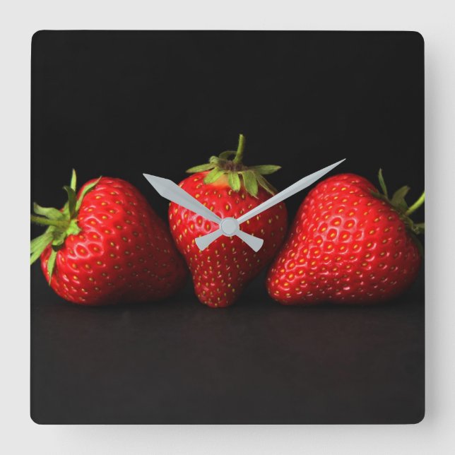 Three Strawberries On Black wcm Square Wall Clock (Front)