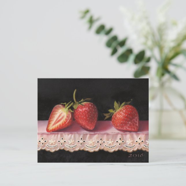 Three Strawberries on Lace Postcard (Standing Front)