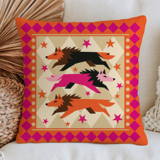 Three Stylised Lions Diamond Pattern Burnt Orange Cushion