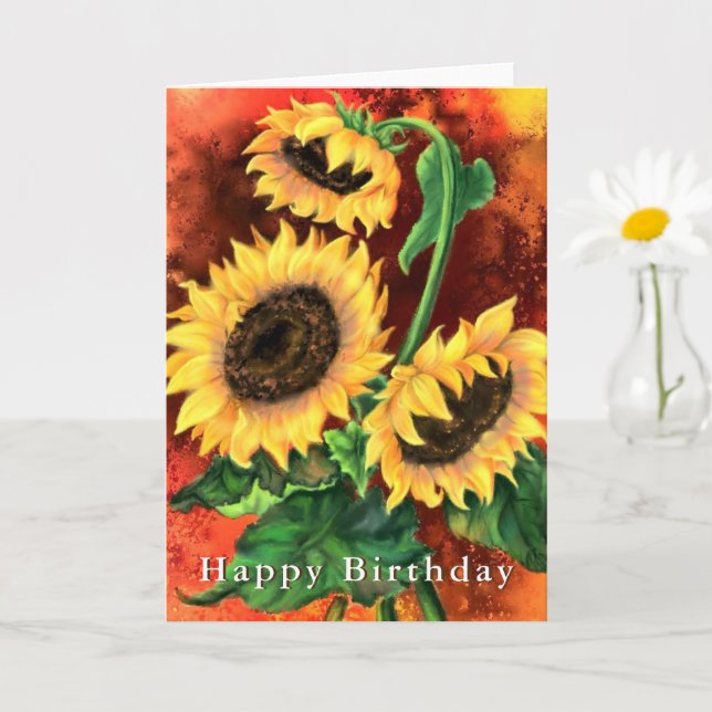 Three Sunflowers Birthday Card Painting (Small Plant)