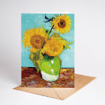 Three Sunflowers | Vincent Van Gogh Card<br><div class="desc">Three Sunflowers (1888) by Dutch artist Vincent Van Gogh. Original fine art painting is an oil on canvas depicting a still life of bright yellow sunflowers against a turquoise background. 

Use the design tools to add custom text or personalise the image.</div>