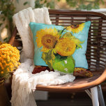 Three Sunflowers | Vincent Van Gogh Cushion<br><div class="desc">Three Sunflowers (1888) by Dutch artist Vincent Van Gogh. Original fine art painting is an oil on canvas depicting a still life of bright yellow sunflowers against a turquoise background. 

Use the design tools to add custom text or personalise the image.</div>