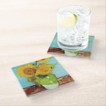 Three Sunflowers | Vincent van Gogh Glass Coaster<br><div class="desc">Three Sunflowers (1888) by Vincent van Gogh is a vibrant still life that showcases the artist’s signature thick brushstrokes and bold use of colour. The painting features three sunflowers in a simple vase, their golden petals contrasting against the aqua blue background. Van Gogh's vivid yellow palette brings energy and life...</div>