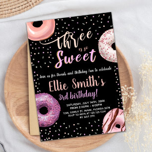 Three Sweet Black Doughnut Birthday Invitations