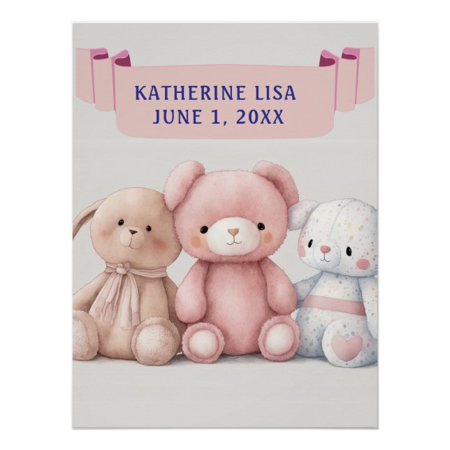 THREE TEDDIES WITH KIDS NAME Birthday Poster (Front)