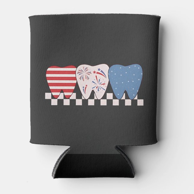 Three Teeth Graphic Design 4th of July Can Cooler (Front)