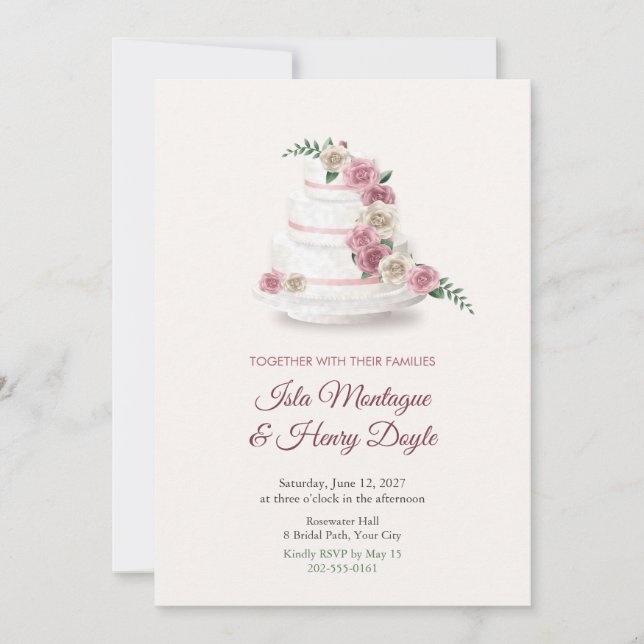 Three Tier Wedding Cake and Rose Cascade Invite (Front)