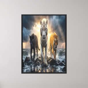 Three Tigers in Stormy Sea Canvas Print