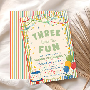 Three Times The Fun 3rd Birthday Invitation
