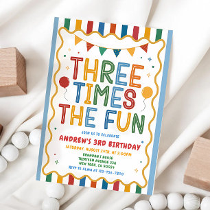 Three Times the Fun 3rd Birthday Invitation