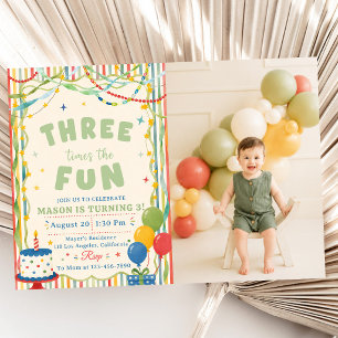 Three Times The Fun 3rd Birthday Photo Invitation