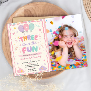 Three Times The Fun Balloon 3rd Birthday Photo Invitation
