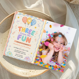 Three Times The Fun Balloon 3rd Birthday Photo Invitation