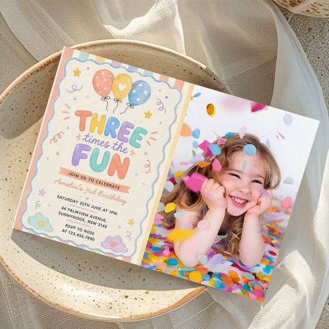 Three Times The Fun Balloon 3rd Birthday Photo Invitation (Creator Uploaded)