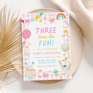 Three Times The Fun Colorful Girl 3rd Birthday Invitation