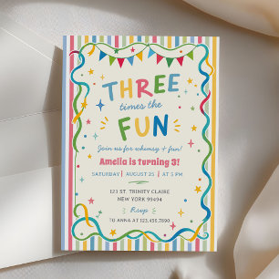 Three Times The Fun Colourful 3rd Birthday Invitation