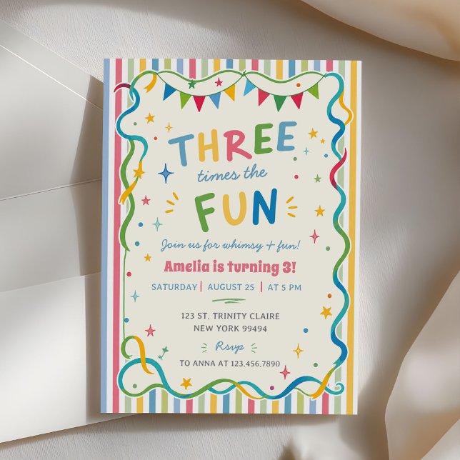 Three Times The Fun Colourful 3rd Birthday Invitation (Creator Uploaded)