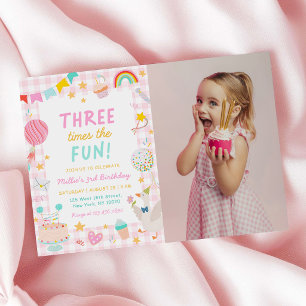 Three Times The Fun Colourful 3rd Birthday Photo Invitation